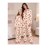 Fil Kids Anne-Kız Çocuk Pamuklu Süet Çilek Ayıcık Desenli Kışlık Gömlek Yaka Düğmeli Uyku Bantlı Pijama Takımı Bej Renk