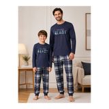 Fil Kids Baba-Oğul Erkek Çocuk Gri Mavi Ekose Desenli Kışlık Bisiklet Yaka Pijama Takımı Pamuklu Esnek Milan Kumaş