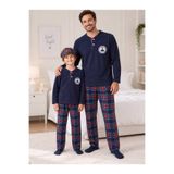 Fil Kids Baba-Oğul Erkek Çocuk Pamuklu Uyku Bantlı Ekose Desenli Lacivert Renk Kışlık Polar Pijama Takımı