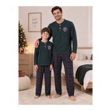 Fil Kids Baba-Oğul Erkek Çocuk Pamuklu Uyku Bantlı Ekose Desenli Yeşil Renk Kışlık Polar Pijama Takımı