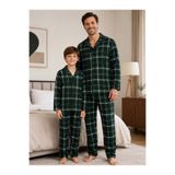 Fil Kids Baba-Oğul Erkek Çocuk Yeşil Ekose Desen Kışlık Gömlek Yaka Düğmeli Uyku Bantlı Pijama Takımı Pamuklu Milan Kumaş