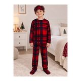 Fil Kids Erkek Çocuk Pamuklu Kışlık Polar Pijama Takımı Kırmızı Renk Uyku Bantlı Ekose Desenli