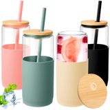 FillTouch 4 Paket 20 oz Silikon Koruyucu Kollu Cam Bardak Bambu Kapaklı Cam Bardaklar Saman Sevimli Kutu Şekilli Cam Su Şişesi Su, Buzlu Kahve, Çay için