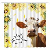 FILMILIL Çiftlik Evi İnekler Duş Perdesi Rustik Bahar Ayçiçeği Ülke Suluboya Çiçek Boğa Yayla İnek Vintage Ahşap Tahta Kahverengi Banyo Perdesi Seti Polyester Kumaş Kancalar 180 x 180 cm