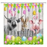 FILMILIL Paskalya Çiftlik Evi Duş Perdesi Tavşan Renkli Yumurta Tavşan Sevimli Rustik Hayvan İnek Domuz Bahar Tatil Vitange Ahşap Tahta Boğa Banyo Perdesi Seti Polyester Kumaş Kancalar 180 x 180 cm