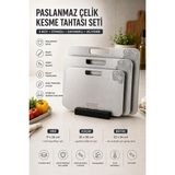 Fimer 304 Paslanmaz Çelik Kesme Tahtası Seti – Ahşap Standlı, Çift Taraflı Desenli Yüzey, Bulaşık Makinesinde Yıkanabilir, Günlük Mutfak Kullanımı Için Mini, Küçük ve Büyük Boy (17X26 / 20X30 / 23X34 C