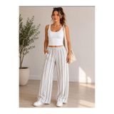 fimet.sportswear KADIN YÜKSEK BEL YANDAN CEPLİ EKRU KALIN SİYAH ÇİZGİLİ MÜSLİN PANTOLON