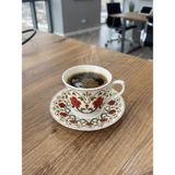 Fincan Aşkı 6 Kişilik Türk Kahvesi Fincan Takımı, Çiçek Desenli Porselen, Bakır Cezve Hediy - Renkli
