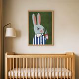 Fincanlı Mavi Tavşan Çocuk Odası Duvar Posteri Çerçeveli Tablo Duvar Dekorasyonu - 30 x 40 - Ahşap Çerçeveli