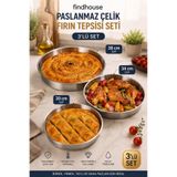 findhouse Premium Paslanmaz Çelik Fırın Tepsisi Börek , Tatlı , Et Yemekleri 3lü Set 30cm-34cm-38cm Ev , Mutfak , Çeyizlik , Cafe , Restaurant