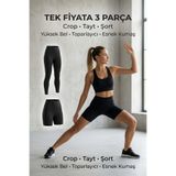 Findify Store Kadın 3lü Spor Set Crop, Tayt, Şort Takım Dalgıç Kumaş Yüksek Bel Toparlayıcı Fitness Kombin