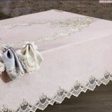 Finezza 160x230 cm 17 Parça 8 Kişilik Masal Lüx Dantelli Simli Keten Kumaş Krem Dikdörtgen Sofra Takımı