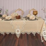 Finezza 160x230 cm 18 Parça 8 Kişilik Bennu Güpürlü Keten Bej Sofra Takımı