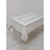 Finezza 160x230 cm Nergis Lüx Jakar Bordürlü Keten Kumaş Krem Dikdörtgen Masa Örtüsü