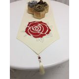 Finezza 390 40x160 cm Runnerlinen Taşlı ve Gül Baskı Keten Kreme Kırmızı Runner
