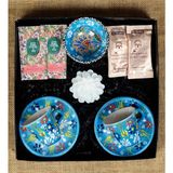Fiorella Gift Mavi El Yapımı Çini Fincan - Kase - Lotus Mum - Kahve - Mendil - Hediye Seti
