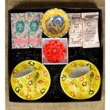 Fiorella Gift Sarı El Yapımı Çini Fincan - Kase - Lotus Mum - Kahve - Mendil - Hediye Seti