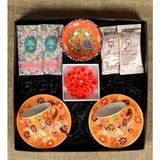 Fiorella Gift Turuncu El Yapımı Çini Fincan - Kase - Lotus Mum - Kahve - Mendil - Hediye Seti