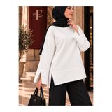 Fioria Kadın Beyaz Modal Kumaş Yırtmaç Detaylı Bisiklet Yaka Oversize Tesettür Tunik