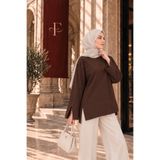 Fioria Kadın Kahverengi Modal Kumaş Yırtmaç Detaylı Bisiklet Yaka Oversize Tesettür Tunik