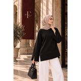 Fioria Kadın Siyah Modal Kumaş Yırtmaç Detaylı Bisiklet Yaka Oversize Tesettür Tunik