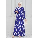 Fırça Desen Saten Tesettür Elbise-Mavi