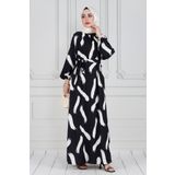 Fırça Desen Saten Tesettür Elbise-Siyah