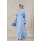 Fırfır Detaylı Kuşaklı Eylül Elbise-MAVİ