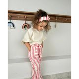 Fırfır Kollu Bluz, Çizgi Desenli Kendinden Kemerli Pantolon, Bandana 3'lü kız çocuk takım - 7 - 8 Yaş - Şeker Pembe