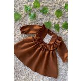 Fırfır Ve Dantel Detaylı Vintage Krep Tasarım Kız Çocuk Bebek Kahverengi Elbise