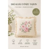 Fırfırlı Çiçek Desenli Dekoratif Kırlent Kılıfı %100 Pamuk Organik Boya Baskılı 45x45 Cm Bej