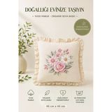 Fırfırlı Çiçek Desenli Dekoratif Kırlent Kılıfı %100 Pamuk Organik Boya Baskılı 45X45 Cm