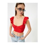 Firfirli Crop Bluz Arkasi Baglamali Kolsuz Kalp Yaka Slim Fit