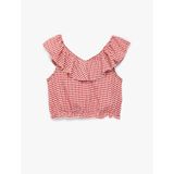 Fırfırlı Kolsuz Düşük Omuz Ekoseli Crop Bluz