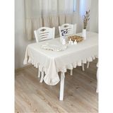 Fırfırlı Pamuklu Buldan Işi Organik Keten Bohem Masa Örtüsü - 160 x 350 cm - Bej