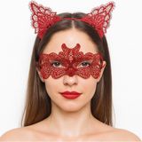 Fırsatkolik Ateş Kırmızısı Dantel Taç ve Maske Seti 10 No - Maskeli Balo & Özel Gün Seti - Beyaz - Kırmızı