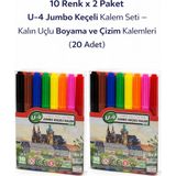 Fırsatkolik U-4 Keçeli Kalem 10 Renk x 2 Paket – Kalın Uçlu Boyama ve Çizim Kalemi Seti (20 Adet) - 00-Siyah - Beyaz - Standart