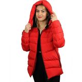 First Stops Kadın Polarlı Kürklü Kapüşonlu Rüzgara Dayanıklı Su Geçirmez Şişme Mont Parka - Kırmızı
