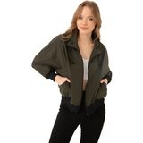 First Stops Spor Kadın Dik Yaka Su ve Rüzgar Geçirmez Oversize Crop Mevsimlik Yağmurluk Rüzgarlık - Haki