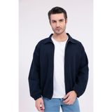 Firststops Erkek Lacivert Gabardin Kumaş Fermuarlı Oversize Mevsimlik Ceket