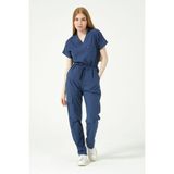 Fırtına Mavi Likralı Scrubs Kargo Cep Doktor Hemşire Forması Yarasa Kol Takım Unisex