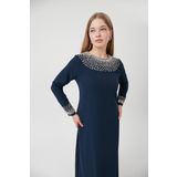 Firuze Yakasi Kolu Taşli Elbise -Lacivert