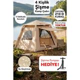 Fischer 4 Kişilik Şişme Çadır - 4 Mevsim Kullanım Güneş Korumalı Hızlı Kurulum Çadır Şişirme Pompası Hediye
