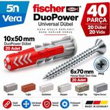 Fischer Duopower 10X50 mm Universal Dübel + 6X70 mm Havşa Başlı Sivri Vida Seti | 20+20 Adet, 40 Parça Beton Tuğla Duvar Montaj Seti