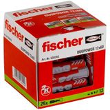 fischer DUOPOWER 12 x 60, evrensel dübel, güçlü 2 bileşenli dübel, beton, tuğla, taş vb. sabitlemek için plastik dübel, vidasız, 25 adet