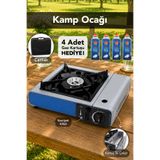 Fischer Kamp Ocağı - Stop Emniyetli Taşıma Çantalı Mavi Tekli Ocak 4 Adet Gaz Kartuşu Hediye