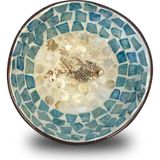 Fish Design Sedef Kaplama Hindistan Cevizi Kase & Hasır Kase Altlığı - Çerezlik - Ahşap - Mavi