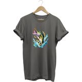 Fishing Balıkçılık Levrek Balığı Deniz Baskılı %100 Pamuk Regular Fit Bisiklet Yaka T-Shirt - 2XL - Gri