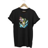 Fishing Balıkçılık Levrek Balığı Deniz Baskılı %100 Pamuk Regular Fit Bisiklet Yaka T-Shirt - 2XL - Siyah