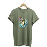 Fishing Balıkçılık Levrek Balığı Deniz Baskılı %100 Pamuk Regular Fit Bisiklet Yaka T-Shirt - 3XL - Haki
